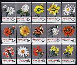 Match Box Labels - complete set of 15 Flowers (grey background), superb unused condition (Yugoslavian Drava Series), stamps on flowers