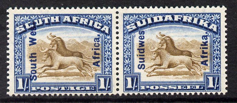 South West Africa 1927 Wildebeest 1s horiz bi-lingual pair mounted mint SG 51, stamps on animals