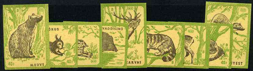 Match Box Labels - complete set of 9 Animals (black & emerald on yellow), superb unused condition (Hungarian), stamps on animals      bear            squirrel    fox     dogs      hare     deer     marten      hog    swine    pigs, stamps on  fox , stamps on foxes, stamps on  