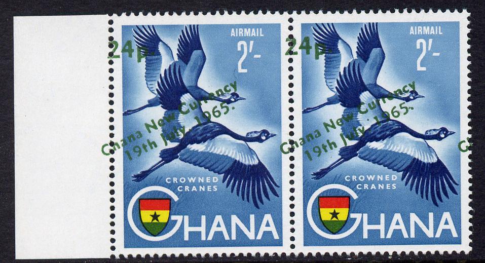 Ghana 1965 New Currency 24p on 2s Crowned Cranes horiz pair with opt & surcharge shifted to left unmounted mint, SG 393var, stamps on birds