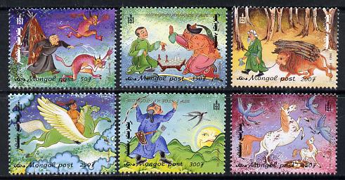 Mongolia 1999 Folk Tales perf set of 6 unmounted mint, SG 2736-41, stamps on literature, stamps on fairy tales, stamps on chess, stamps on archery, stamps on horses