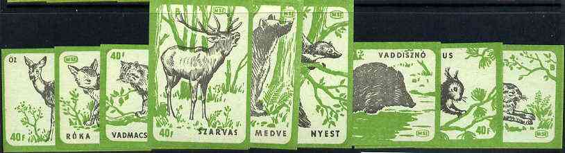 Match Box Labels - complete set of 9 Animals (black & green on blue), superb unused condition (Hungarian), stamps on animals      bear           squirrel    fox      hare     deer     marten      hog    pigs    swine    dogs, stamps on  fox , stamps on foxes, stamps on  