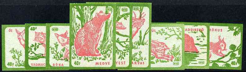 Match Box Labels - complete set of 9 Animals (red & green on blue), superb unused condition (Hungarian), stamps on animals      bear         squirrel    fox      hare     deer     marten      hogs    pigs    swine     dogs, stamps on  fox , stamps on foxes, stamps on 