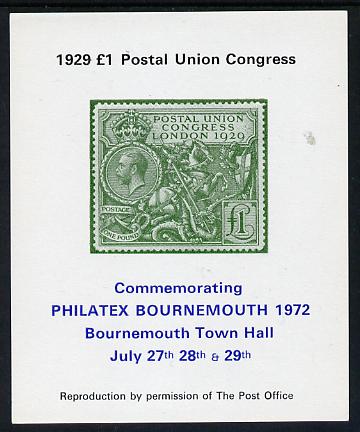 Exhibition souvenir sheet for 1972 Bournemouth Philatex Stamp showing Great Britain PUC \A31 value in green with green border unmounted mint, stamps on stamp on stamp, stamps on royalty, stamps on dragons, stamps on cinderella, stamps on stamp exhibitions, stamps on st george, stamps on stamponstamp