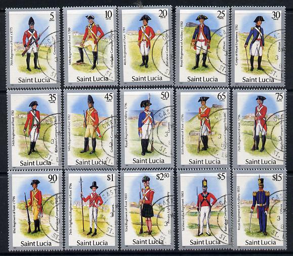 St Lucia 1985 Military Uniforms definitive set complete - 15 values fine cds used SG797-811, stamps on militaria, stamps on uniforms