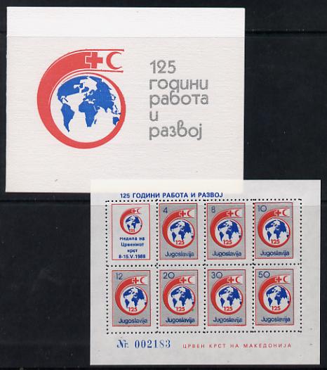 Yugoslavia 1988 Obligatory Tax Red Cross folder with sheetlet containing set of 7 values plus label unmounted mint as SG 2447-53, stamps on , stamps on  stamps on red cross
