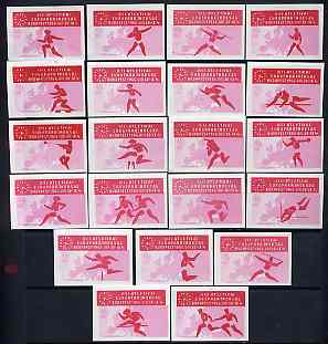 Match Box Labels - complete set of 21 Athletics (red & pink) superb unused condition (Hungarian from 1966), stamps on , stamps on  stamps on sport    athletics      shot      javelin      discus      hammer     pole vault      hurdles     long jump     relay     high jump    sprinting     running    steeplechase