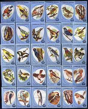 Match Box Labels - complete set of 30 Birds, superb unused condition (Yugoslavian Drava series), stamps on birds    tit     gold finch     blackbird     woodpecker     thrush     hoopoe    martin     robin