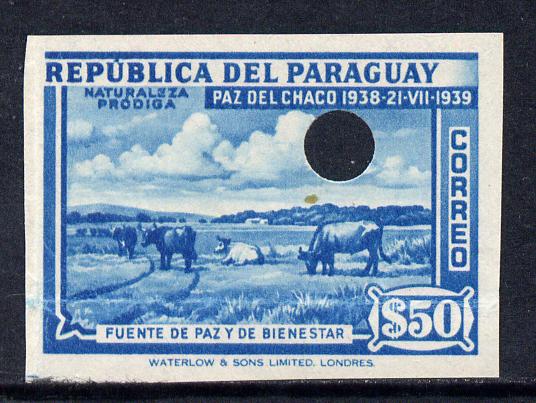 Paraguay 1940 Chaco Boundary Peace Conference 50p turquoise with security punch holes on gummed paper as SG 542 (ex Waterlow archives), stamps on cattle, stamps on bovine