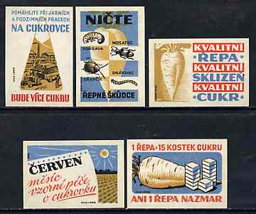 Match Box Labels - complete set of 5 Sugar beet, superb unused condition (Czechoslovakian), stamps on sugar     food