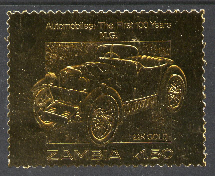 Zambia 1987 Classic Cars 1k50 MG in 22k gold foil unmounted mint, stamps on cars, stamps on  mg , stamps on 
