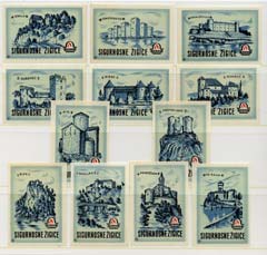 Match Box Labels - complete set of 12 Castles (green) superb unused condition (Yugoslavian Drava series), stamps on castles