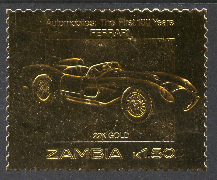 Zambia 1987 Classic Cars 1k50 Ferrari in 22k gold foil unmounted mint, stamps on cars, stamps on ferrari, stamps on 