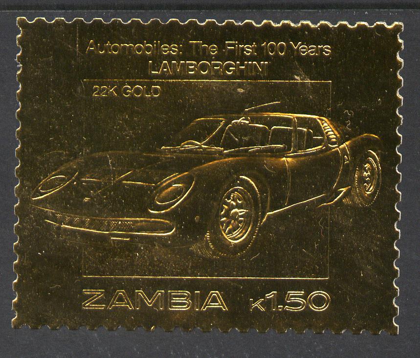 Zambia 1987 Classic Cars 1k50 Lamborghini in 22k gold foil unmounted mint, stamps on cars, stamps on lamborghini, stamps on 