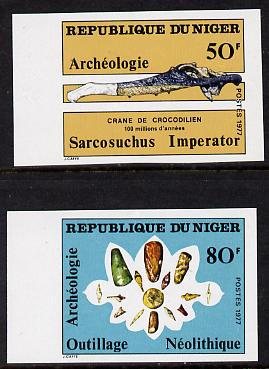Niger Republic 1977 Archaeology set of two imperf unmounted mint as SG 704-5, stamps on archaeology, stamps on crocodiles, stamps on fossils