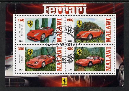 Malawi 2013 Ferrari Cars #1 perf sheetlet containing 4 values fine cds used, stamps on cars, stamps on ferrari