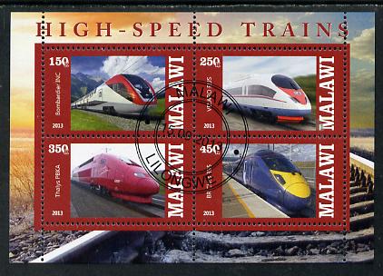Malawi 2013 High Speed Trains #2 perf sheetlet containing 4 values fine cds used, stamps on railways