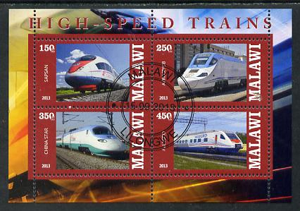 Malawi 2013 High Speed Trains #4 perf sheetlet containing 4 values fine cds used, stamps on railways