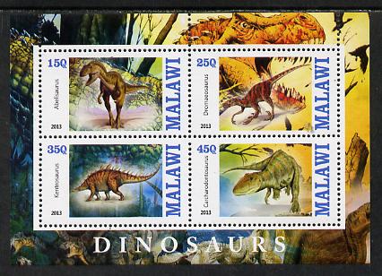 Malawi 2013 Dinosaurs #1 perf sheetlet containing 4 values unmounted mint, stamps on dinosaurs