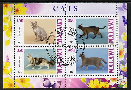 Malawi 2013 Domestic Cats #1 perf sheetlet containing 4 values fine cds used, stamps on cats