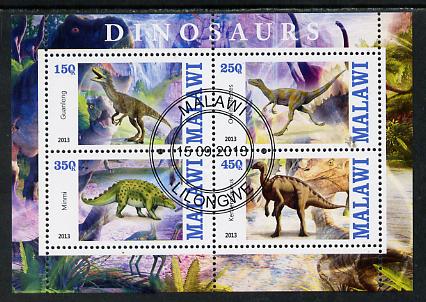 Malawi 2013 Dinosaurs #2 perf sheetlet containing 4 values fine cds used, stamps on dinosaurs