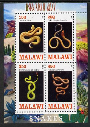 Malawi 2013 Snakes perf sheetlet containing 4 values unmounted mint, stamps on reptiles, stamps on snakes