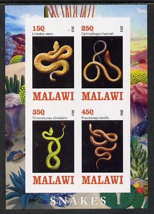Malawi 2013 Snakes imperf sheetlet containing 4 values unmounted mint, stamps on , stamps on  stamps on reptiles, stamps on  stamps on snakes