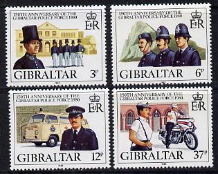 Gibraltar 1980 150th Anniversary of Gibraltar Police Force perf set of 4 unmounted mint SG 429-32, stamps on police, stamps on  vw , stamps on motorbikes, stamps on ambulances