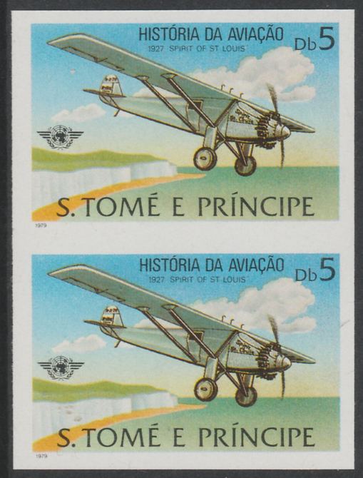 St Thomas & Prince Islands 1979 Aviation History 5Db (Spirit of St Louis) imperf proof pair in issued colours on ungummed paper, stamps on , stamps on  stamps on aviation, stamps on  stamps on lindburgh, stamps on  stamps on 