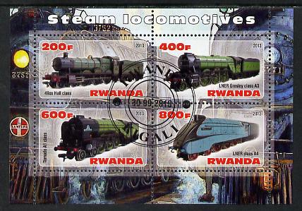 Rwanda 2013 Steam Locos #1 perf sheetlet containing 4 values fine cto used, stamps on , stamps on  stamps on railways