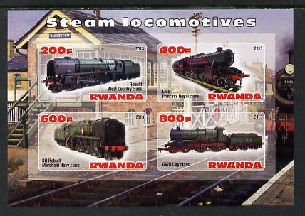 Rwanda 2013 Steam Locos #3 imperf sheetlet containing 4 values unmounted mint, stamps on railways