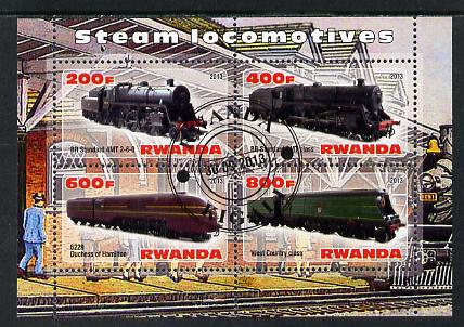 Rwanda 2013 Steam Locos #4 perf sheetlet containing 4 values fine cto used, stamps on railways