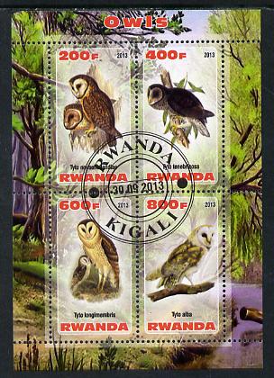 Rwanda 2013 Owls perf sheetlet containing 4 values fine cto used, stamps on birds, stamps on birds of prey, stamps on owls