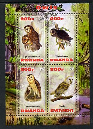 Rwanda 2013 Owls perf sheetlet containing 4 values unmounted mint, stamps on birds, stamps on birds of prey, stamps on owls
