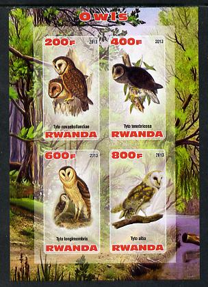 Rwanda 2013 Owls imperf sheetlet containing 4 values unmounted mint, stamps on birds, stamps on birds of prey, stamps on owls