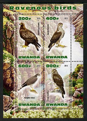 Rwanda 2013 Birds of Prey perf sheetlet containing 4 values unmounted mint, stamps on birds, stamps on birds of prey, stamps on 