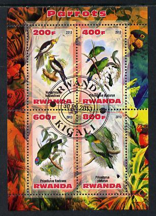 Rwanda 2013 Parrots perf sheetlet containing 4 values fine cto used, stamps on birds, stamps on parrots