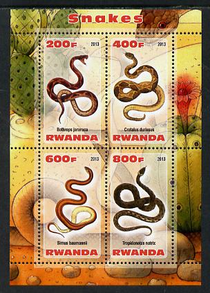 Rwanda 2013 Snakes perf sheetlet containing 4 values unmounted mint, stamps on reptiles, stamps on snakes