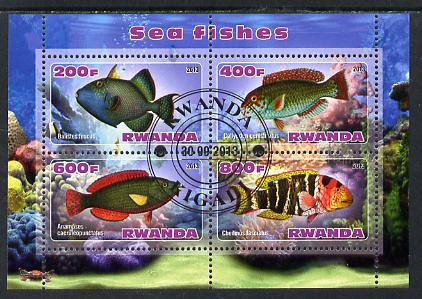 Rwanda 2013 Sea Fish #1 perf sheetlet containing 4 values fine cto used, stamps on marine life, stamps on fish
