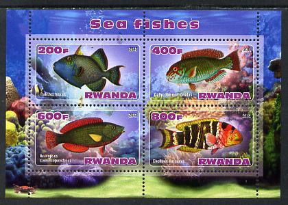 Rwanda 2013 Sea Fish #1 perf sheetlet containing 4 values unmounted mint, stamps on marine life, stamps on fish
