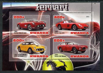 Rwanda 2013 Ferrari Cars #2 perf sheetlet containing 4 values unmounted mint, stamps on cars, stamps on ferrari