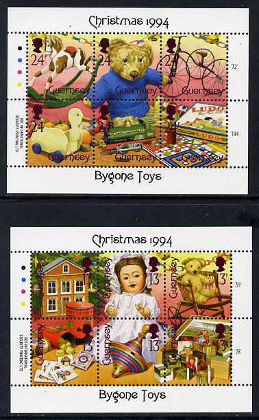 Guernsey 1994 Christmas - Bygone Toys set of 12 (two sheetlets of 6) unmounted mint SG 651-52, stamps on christmas, stamps on railways, stamps on toys, stamps on teddy bears, stamps on bicycles