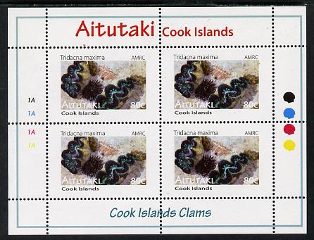 Cook Islands - Aitutaki 2013 Clams #3 perf sheetlet containing 4 x 80c values unmounted mint , stamps on marine life, stamps on shells, stamps on clams