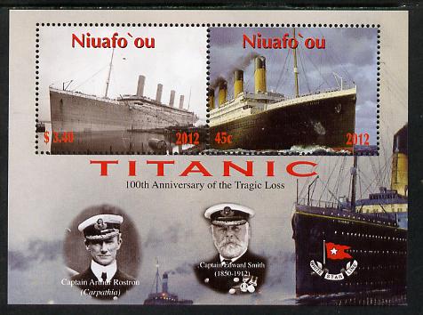 Tonga - Niuafo'ou 2012 Titanic perf sheetlet containing 2 values unmounted mint , stamps on ships, stamps on titanic, stamps on disasters, stamps on 