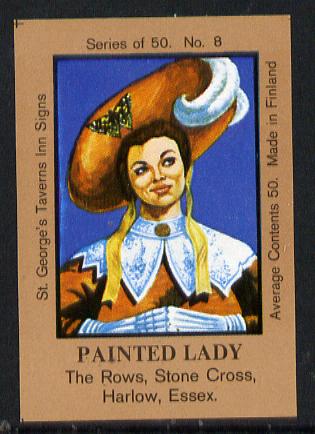Match Box Labels - Painted Lady (No.8 from a series of 50 Pub signs) light brown background, very fine unused condition (St George's Taverns), stamps on women, stamps on hats
