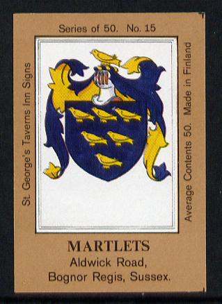 Match Box Labels - Martlets (No.15 from a series of 50 Pub signs) light brown background, very fine unused condition (St George's Taverns), stamps on heraldry, stamps on arms