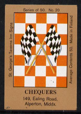 Match Box Labels - Chequers (No.20 from a series of 50 Pub signs) light brown background, very fine unused condition (St George's Taverns), stamps on cars, stamps on racing cars