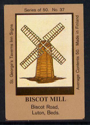 Match Box Labels - Biscot Mill (No.37 from a series of 50 Pub signs) light brown background, very fine unused condition (St George's Taverns), stamps on , stamps on  stamps on windmills