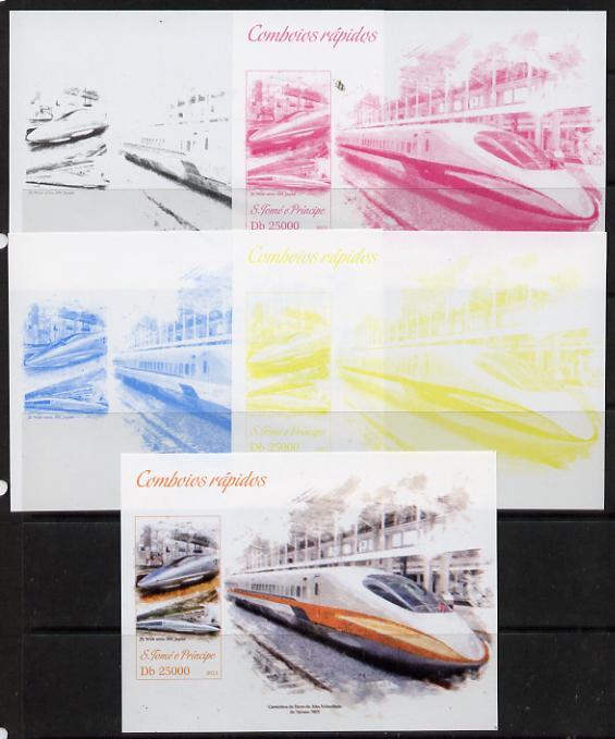 St Thomas & Prince Islands 2013 High-Speed Trains #1 souvenir sheet - the set of 5 imperf progressive colour proofs comprising the 4 basic colours plus all 4-colour composite unmounted mint, stamps on railways