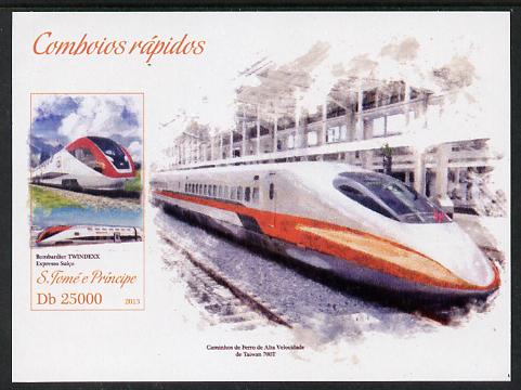 St Thomas & Prince Islands 2013 High-Speed Trains #2 imperf souvenir sheet unmounted mint. Note this item is privately produced and is offered purely on its thematic appeal , stamps on railways